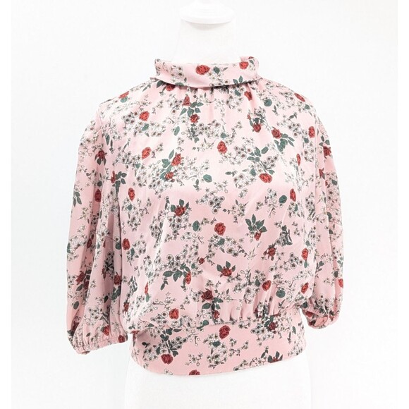 Zara Satin Red Pink Floral Roses Puff Sleeve High Neck Side Zip Blouse Size M - Picture 1 of 10